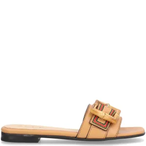 Alpe Camel Leather Square Toe Flat Mules