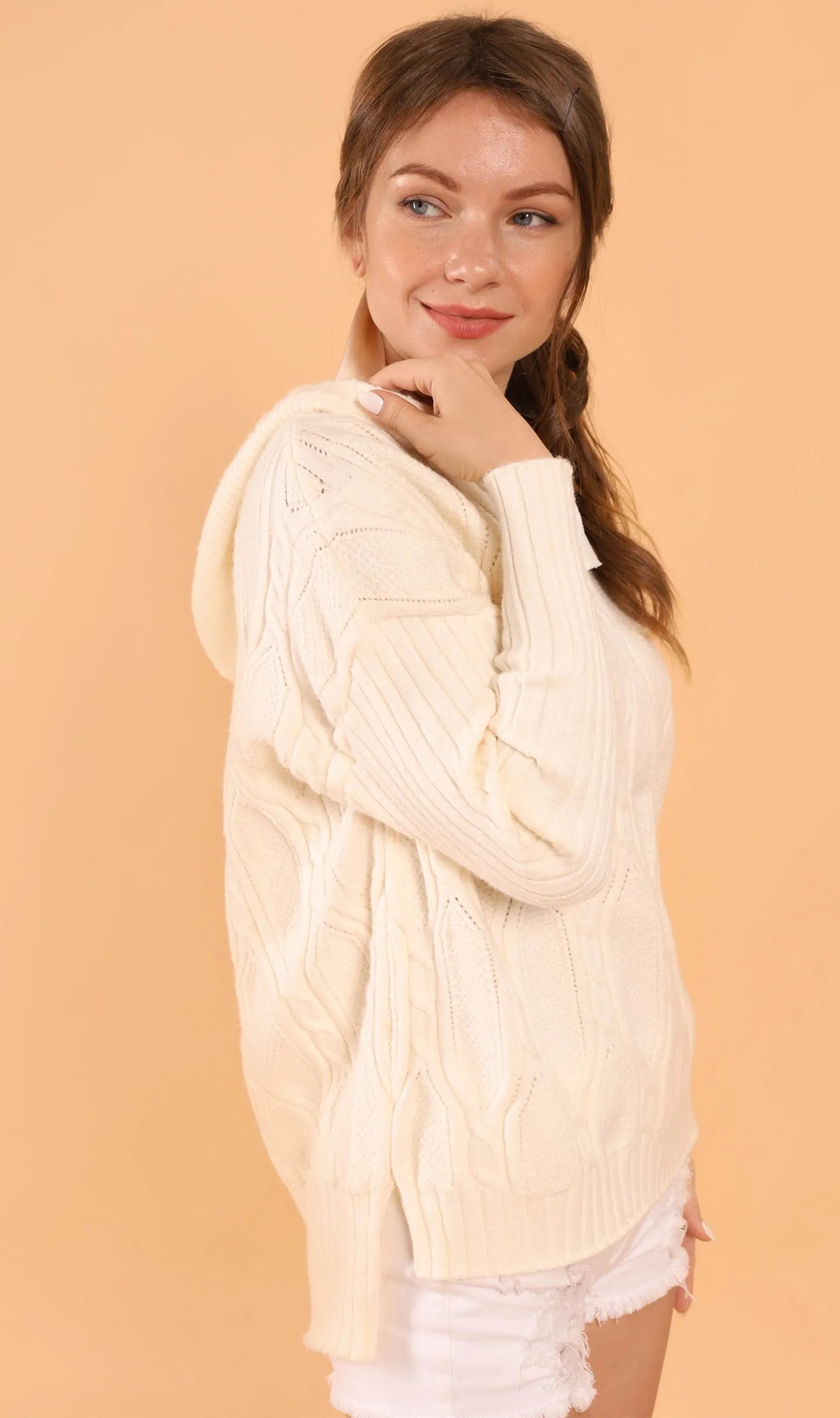 ALYSSA Textured Knit Hoodie (Cream)