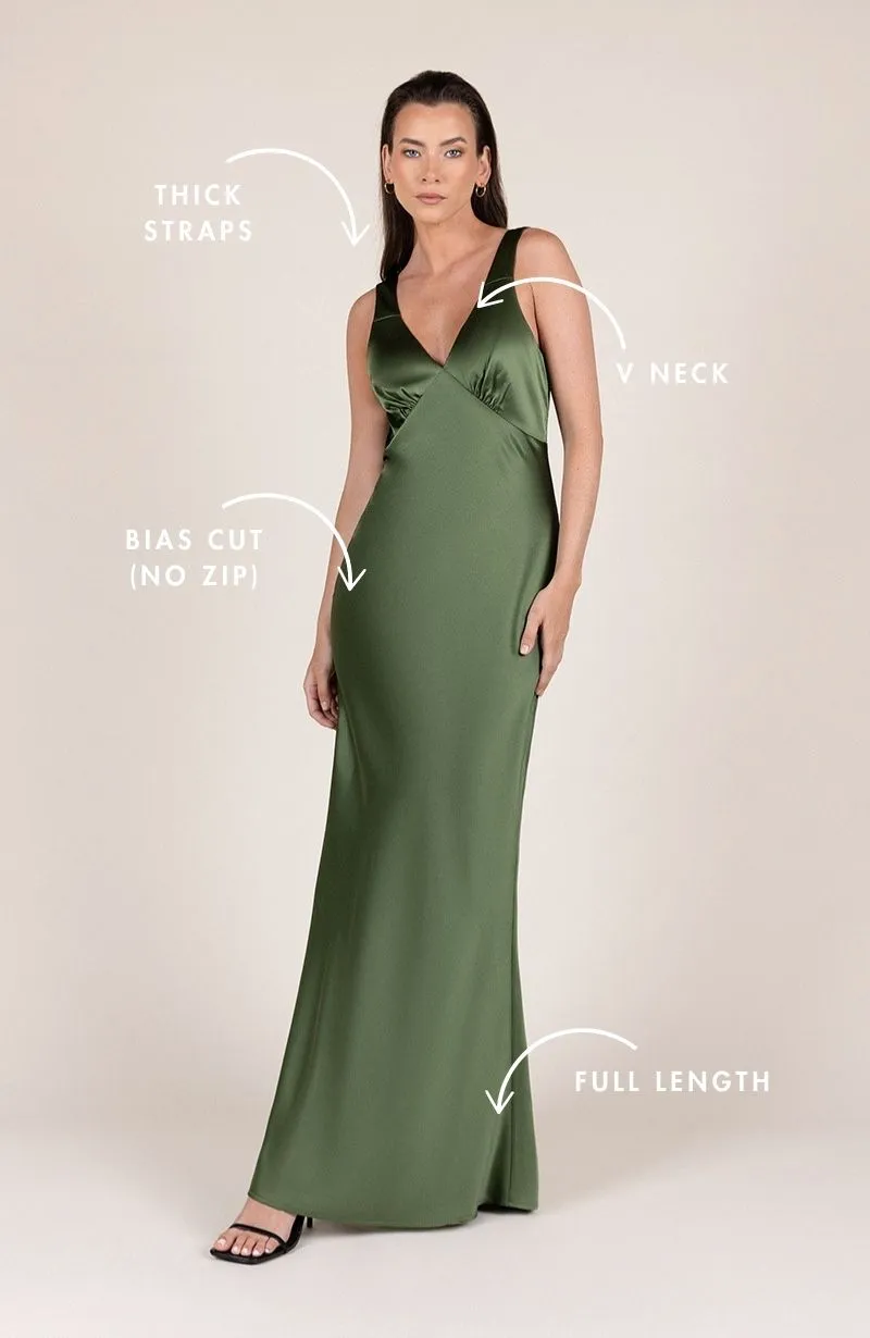 Amelia Dress in Olive Green Satin
