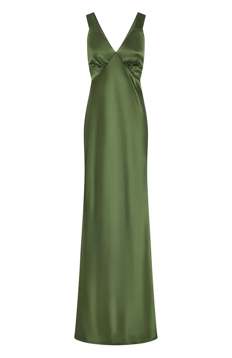 Amelia Dress in Olive Green Satin