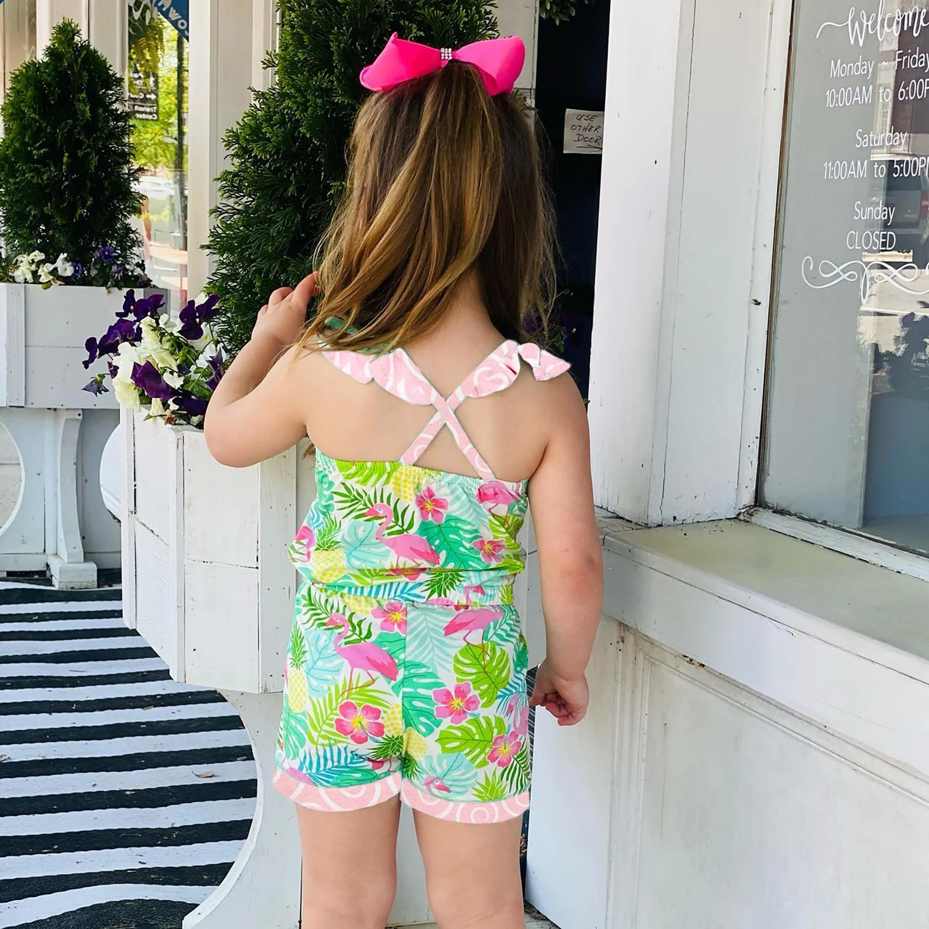 AnnLoren Little & Big Girls Pink Flamingo Palm Tree Kids Shorts Jumpsuit