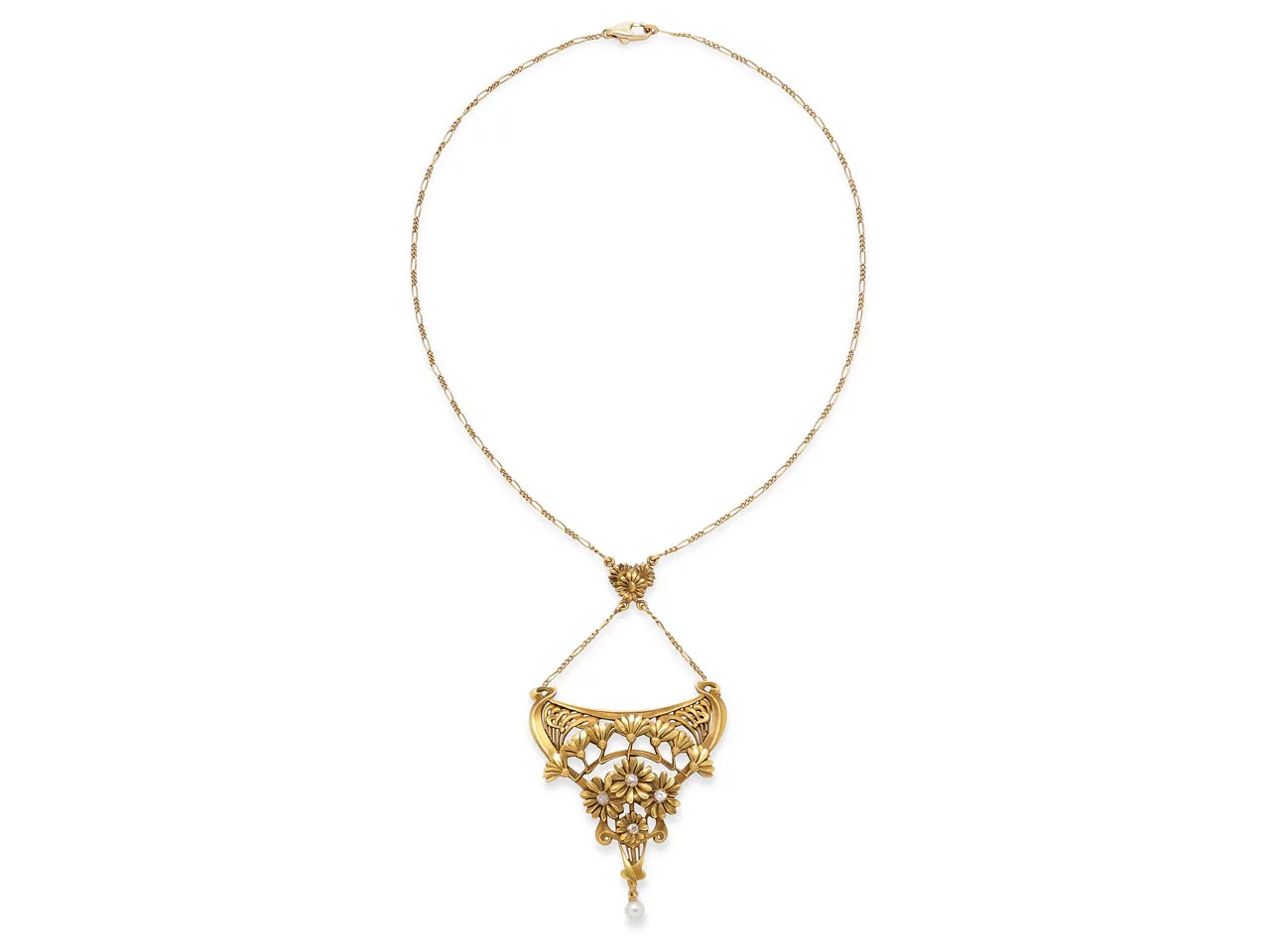 Antique Art Nouveau Diamond Flower Pendant Necklace in 18K Gold, French