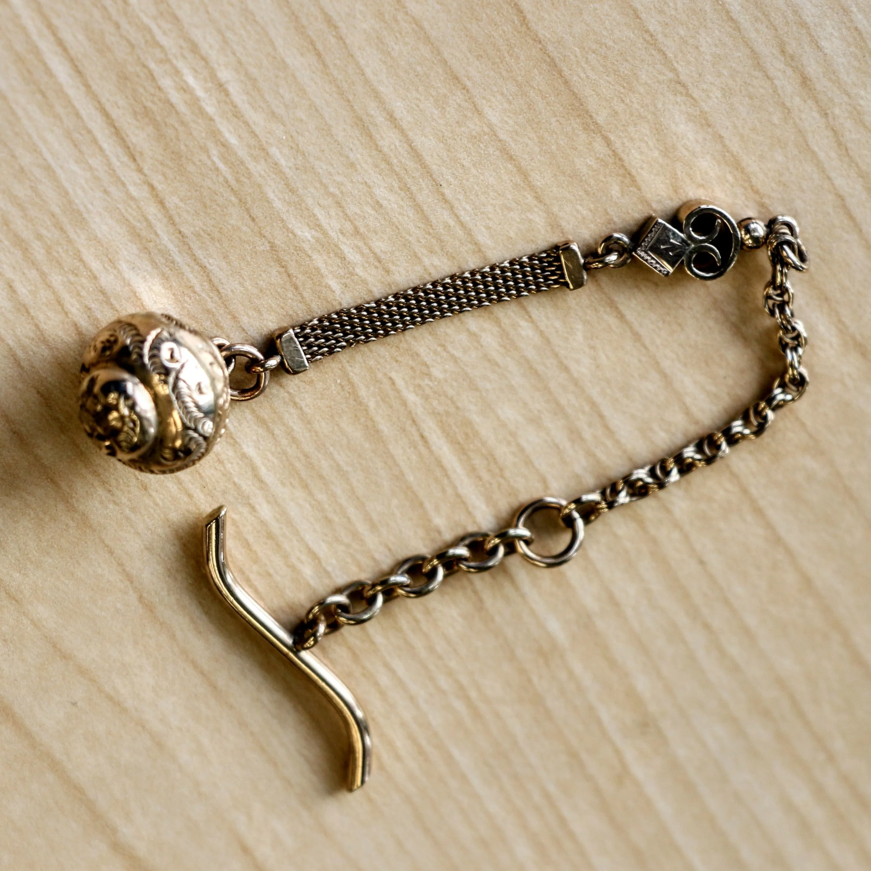 Art Deco Gold Filled Pocket Watch Link & Mesh CHAIN with a Ball Fob