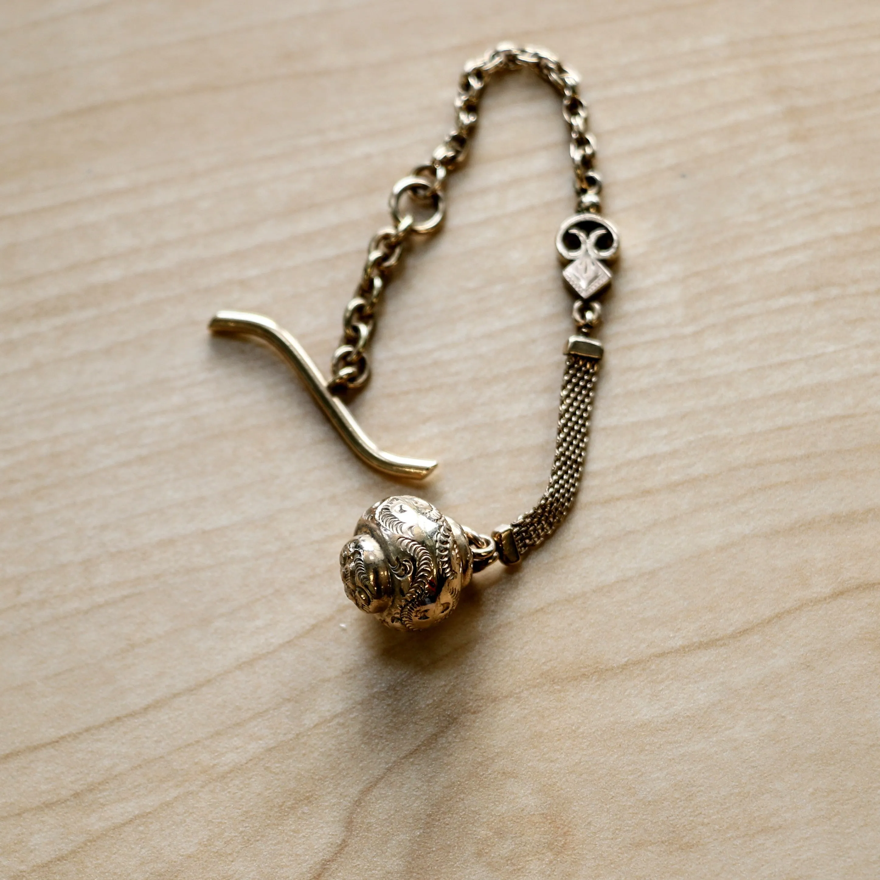 Art Deco Gold Filled Pocket Watch Link & Mesh CHAIN with a Ball Fob