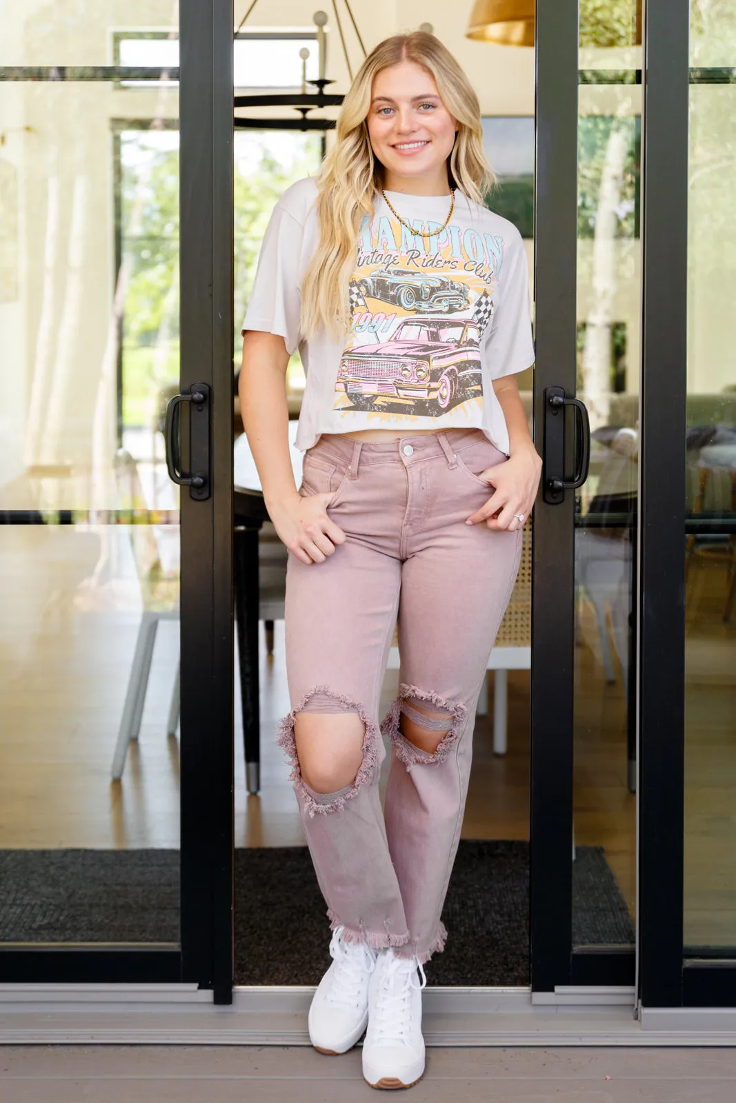 Babs Distressed Straight Leg Jeans in Mauve by Risen