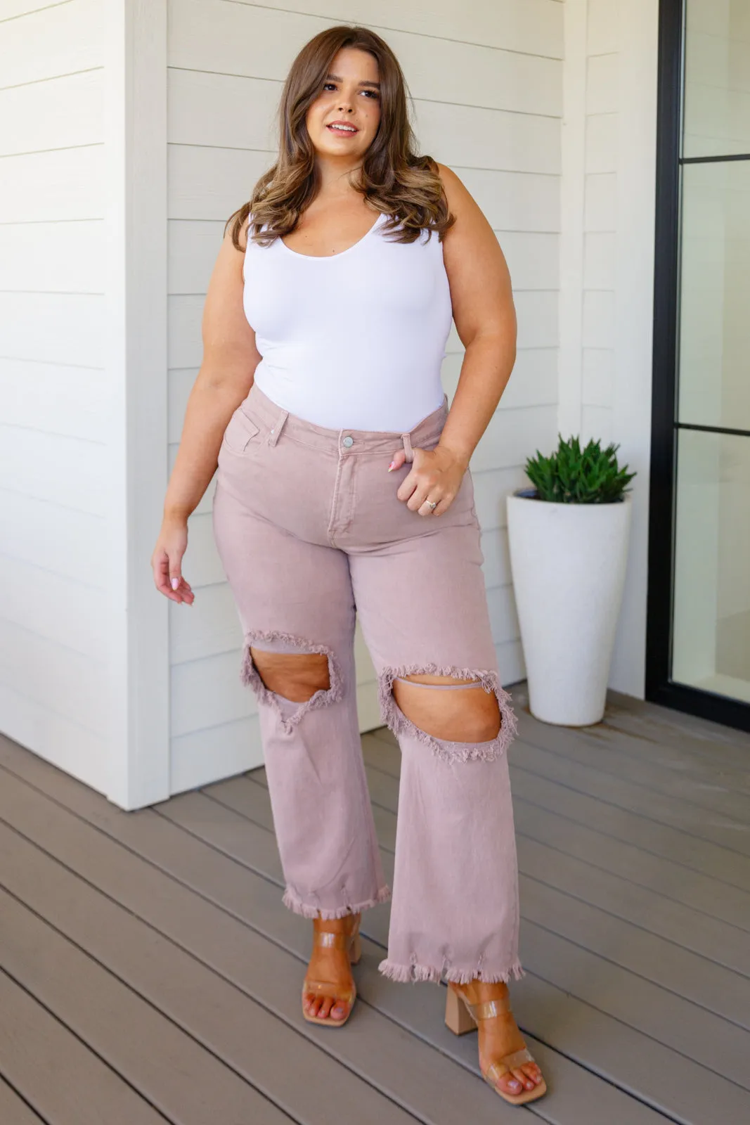 Babs Distressed Straight Leg Jeans in Mauve by Risen