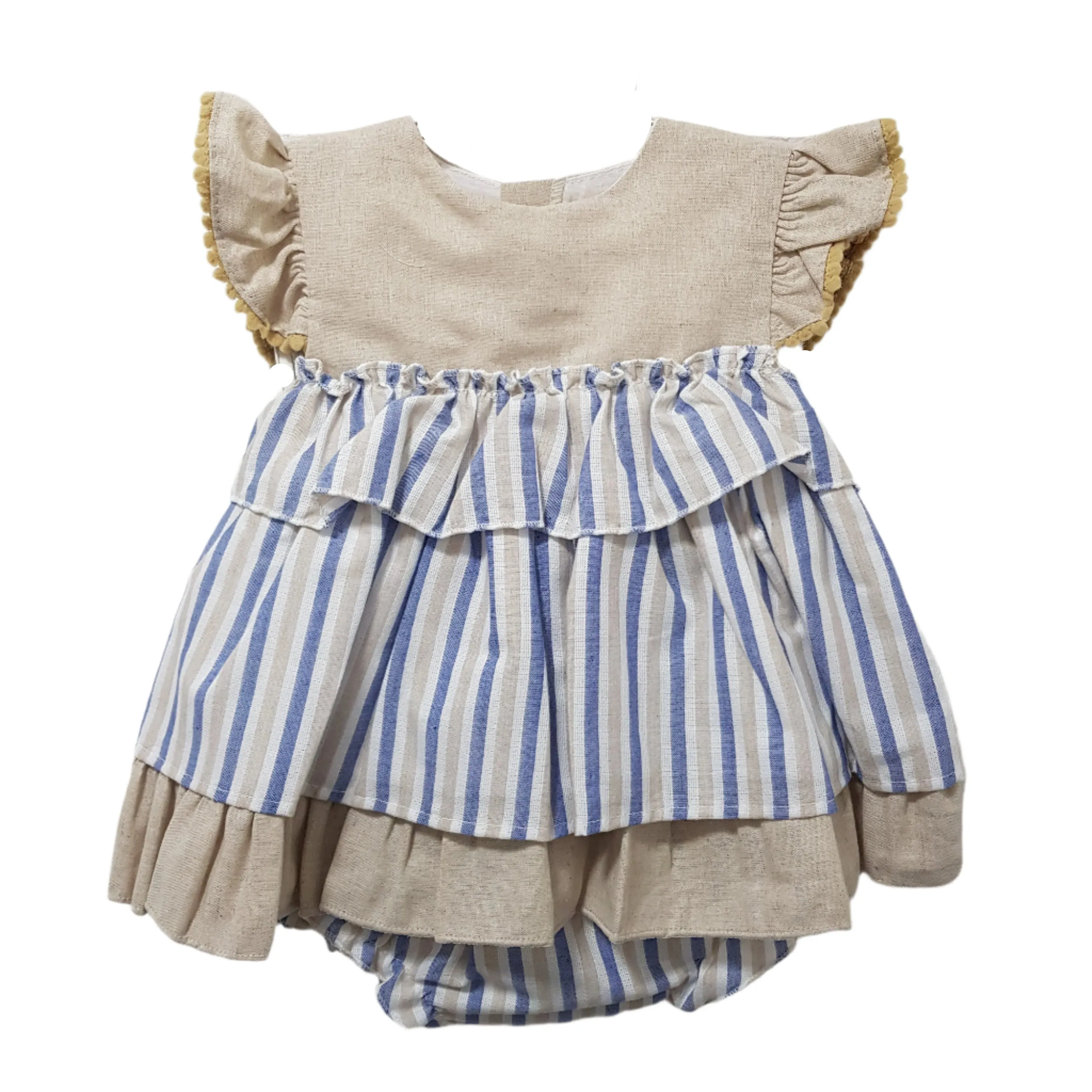 Baby Ferr Baby Girls Beige & Blue Stripe Dress
