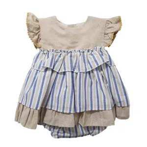 Baby Ferr Baby Girls Beige & Blue Stripe Dress
