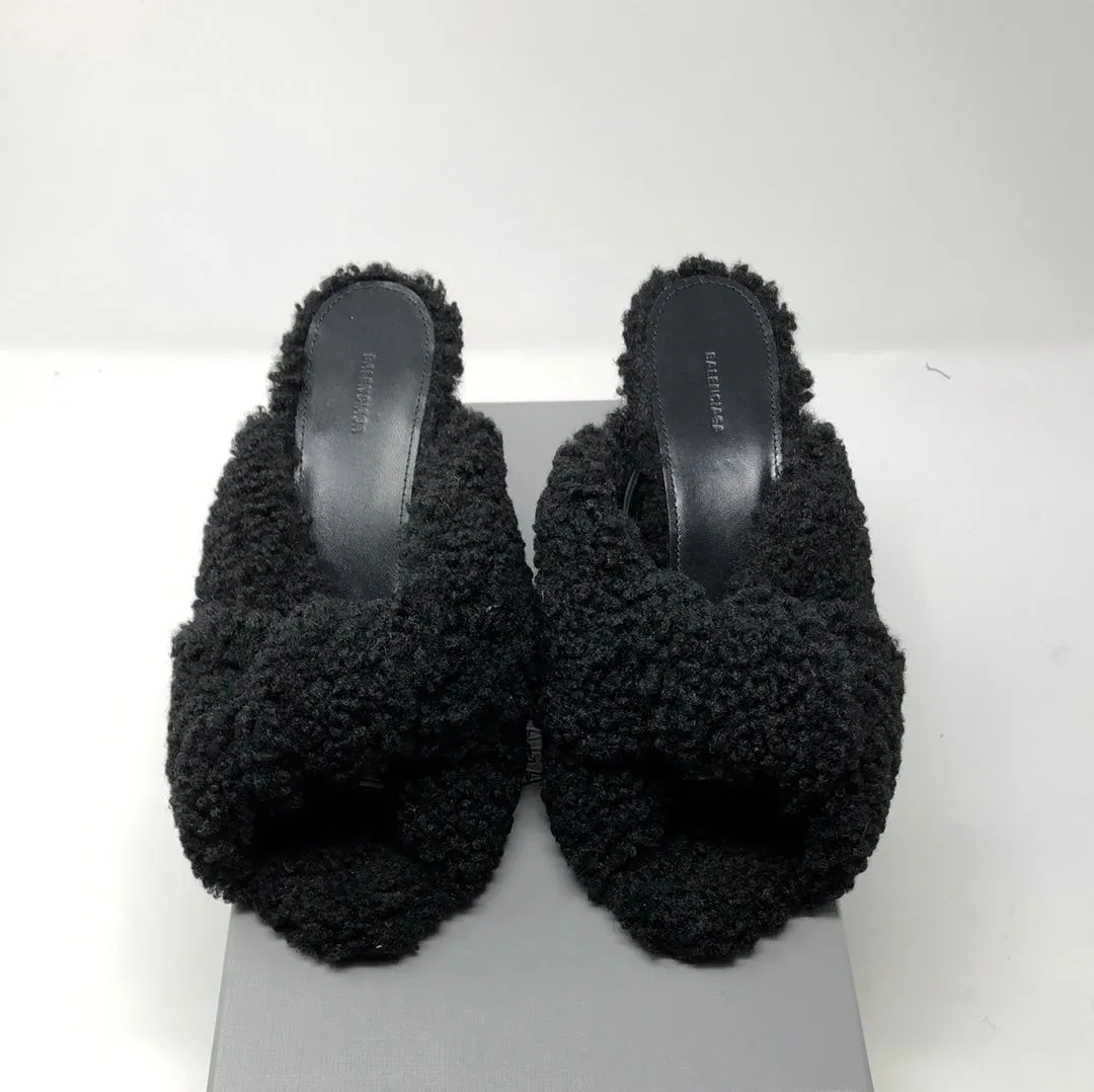 Balenciaga Drapy Sandal in Black Faux Shearling Mule