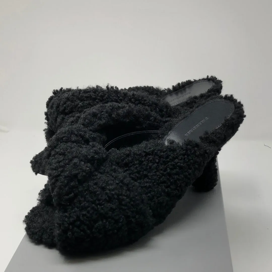 Balenciaga Drapy Sandal in Black Faux Shearling Mule