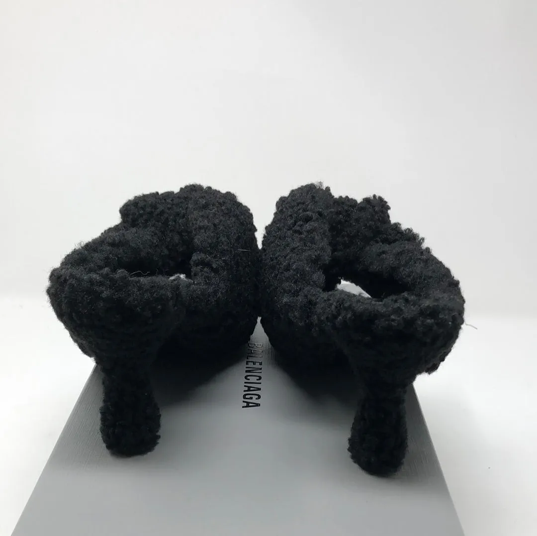 Balenciaga Drapy Sandal in Black Faux Shearling Mule