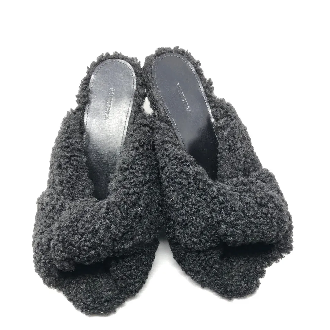 Balenciaga Drapy Sandal in Black Faux Shearling Mule
