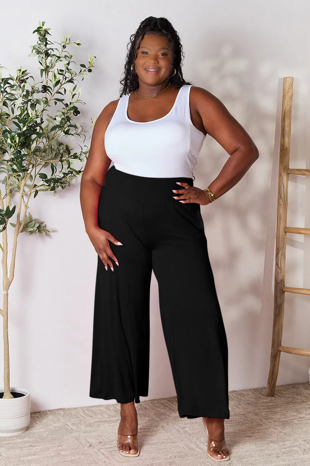 Basic Bae Full Size Smocked Wide Waistband Wide Leg Pants