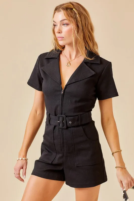 Beckham Zip Front Belted Denim Romper
