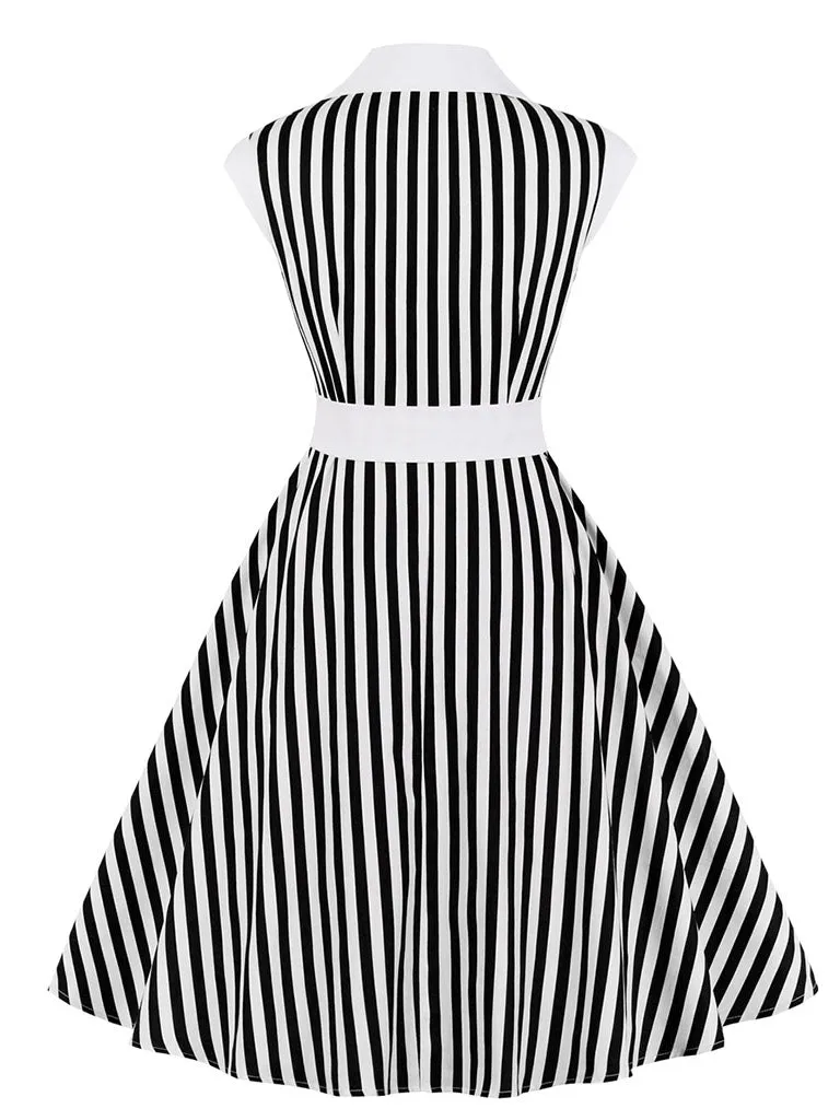 Beetlejuice Costume Black and White Vertical Stripe Swing Dress With Tie