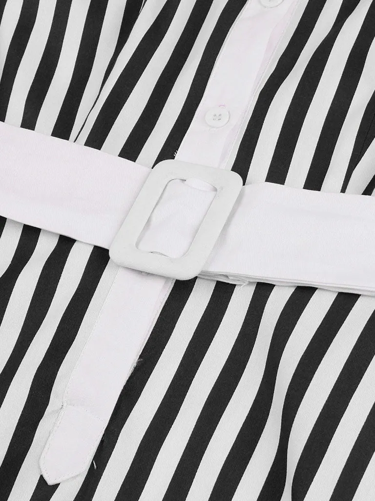 Beetlejuice Costume Black and White Vertical Stripe Swing Dress With Tie