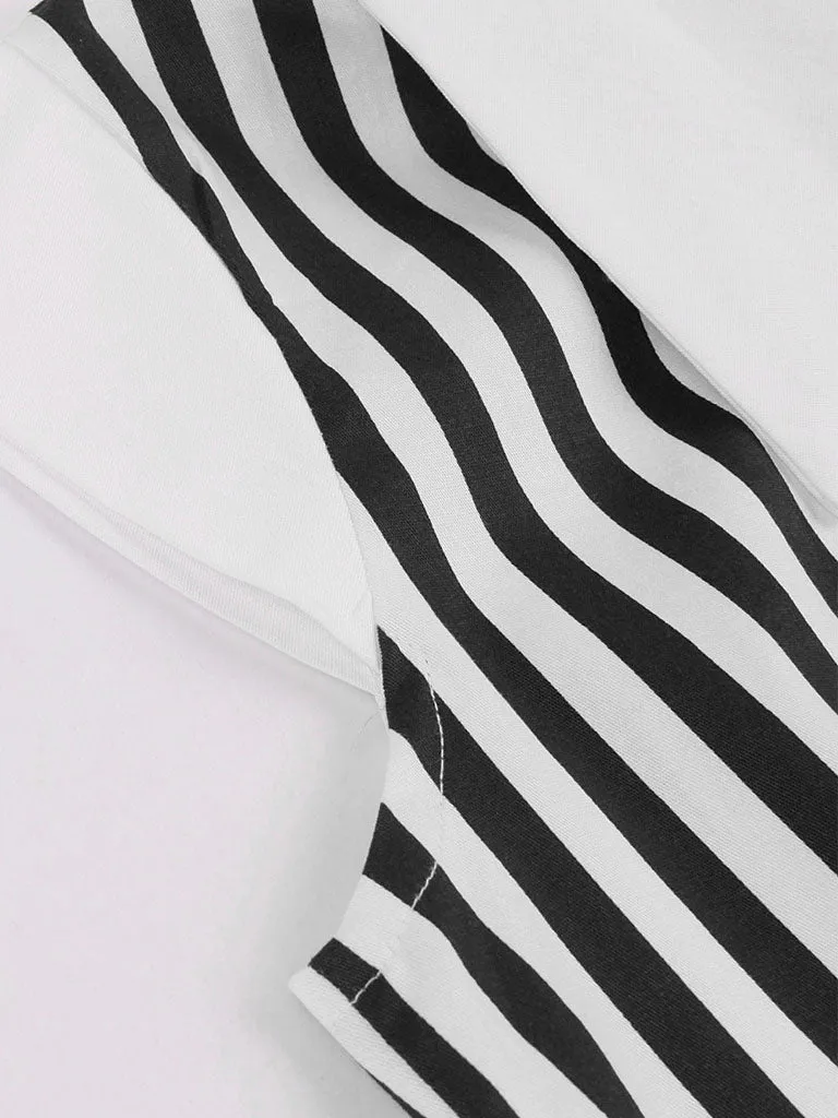 Beetlejuice Costume Black and White Vertical Stripe Swing Dress With Tie