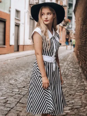 Beetlejuice Costume Black and White Vertical Stripe Swing Dress With Tie
