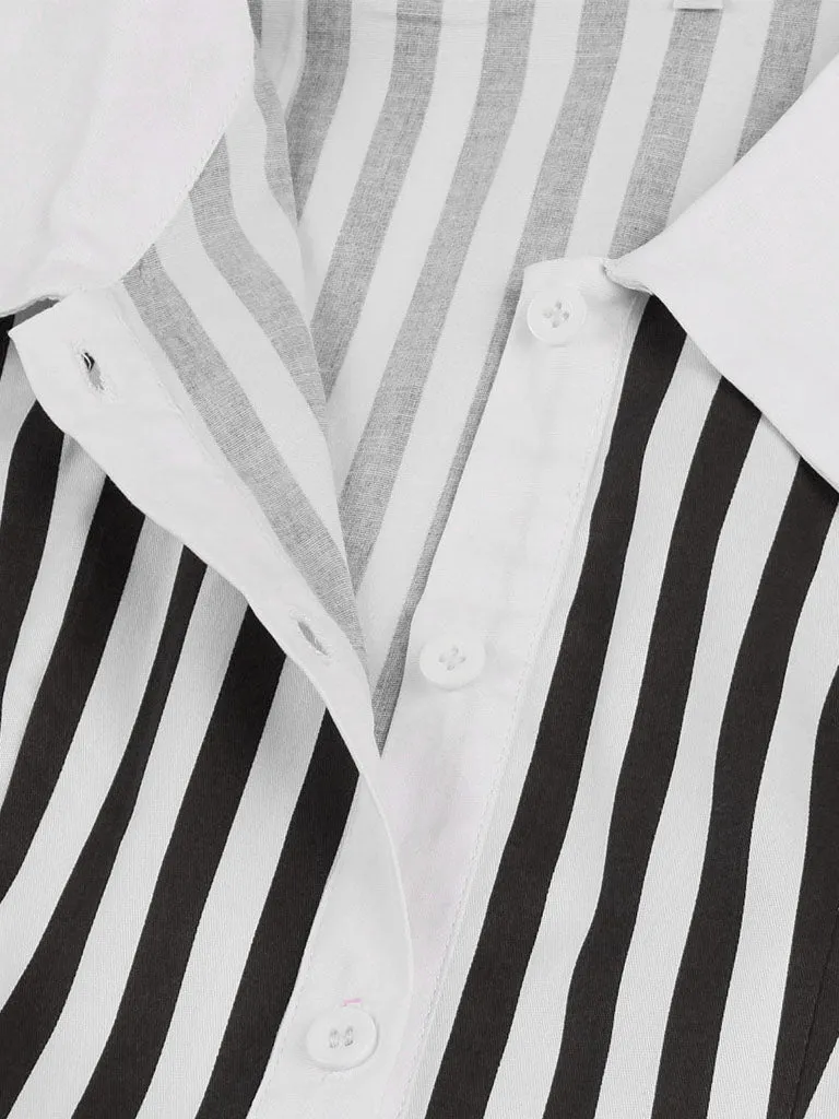 Beetlejuice Costume Black and White Vertical Stripe Swing Dress With Tie