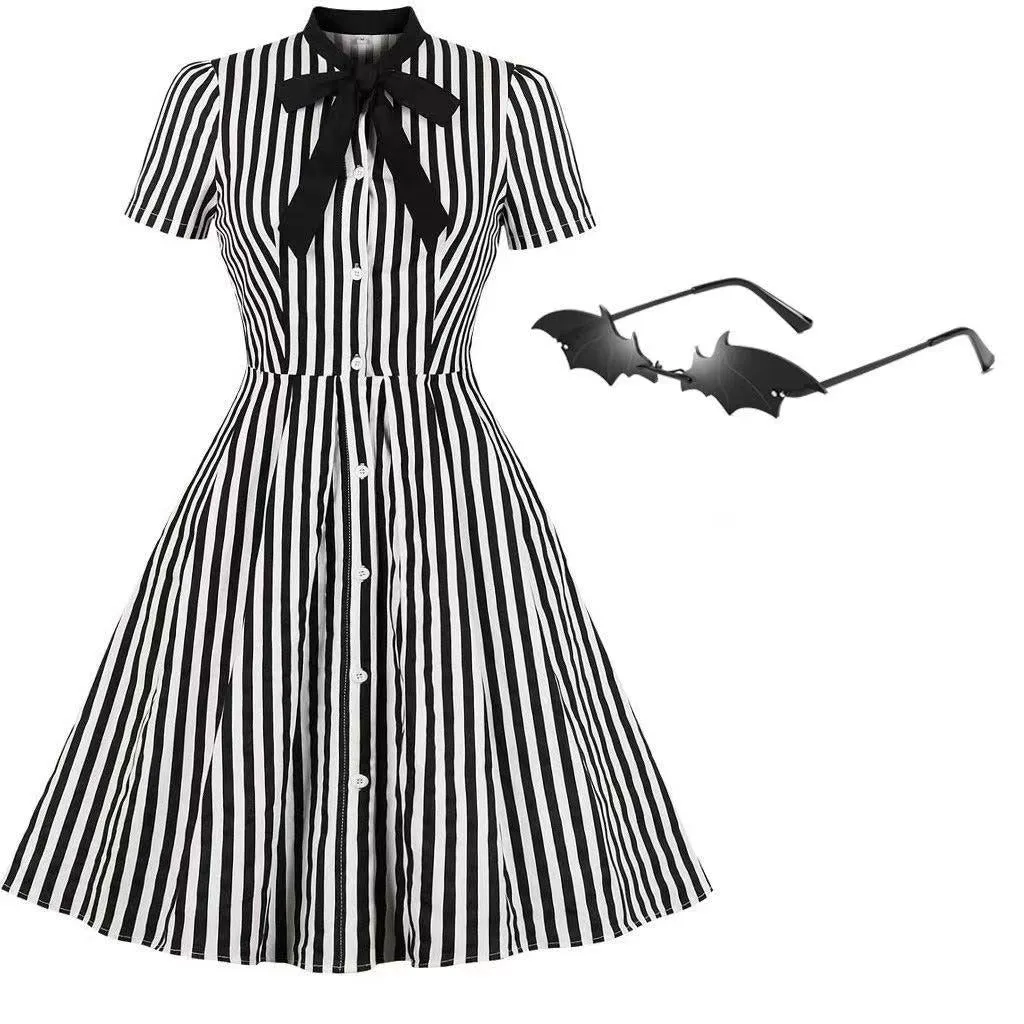 Beetlejuice Costume Pocket Dress Black and White Vertical Stripe Dress With Sunglasses