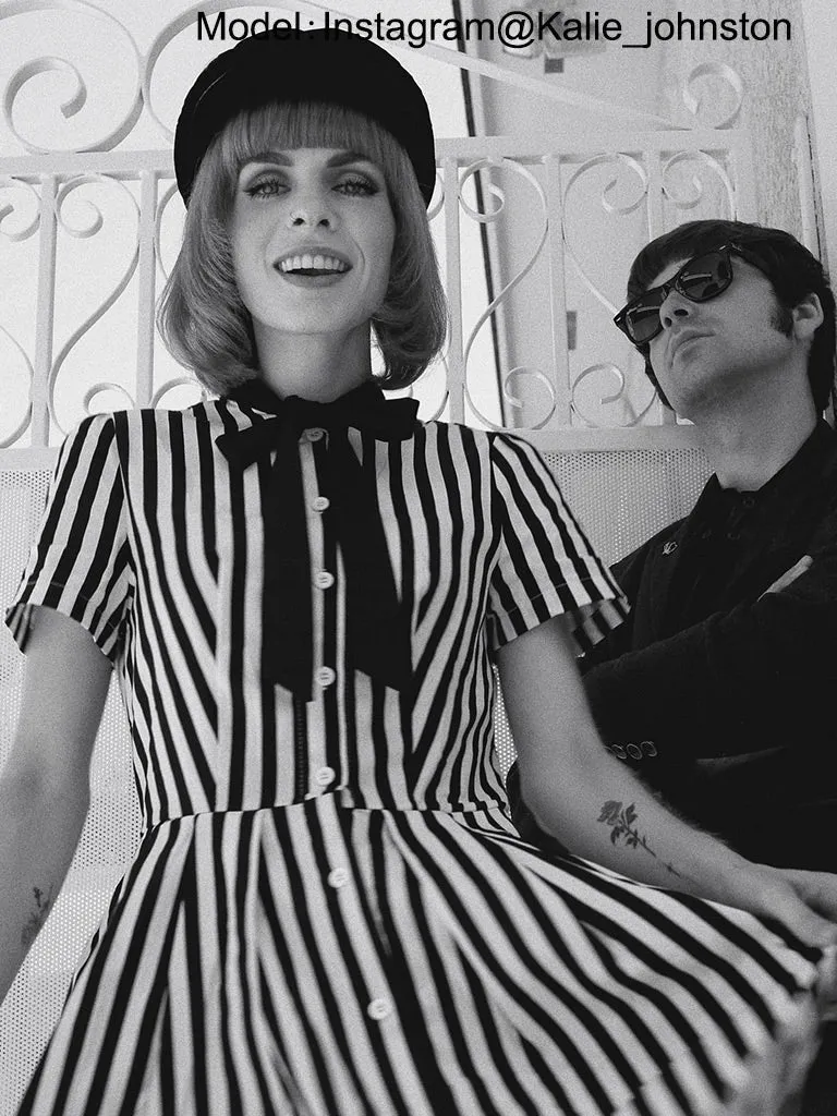 Beetlejuice Costume Pocket Dress Black and White Vertical Stripe Dress With Sunglasses