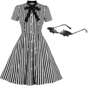 Beetlejuice Costume Pocket Dress Black and White Vertical Stripe Dress With Sunglasses