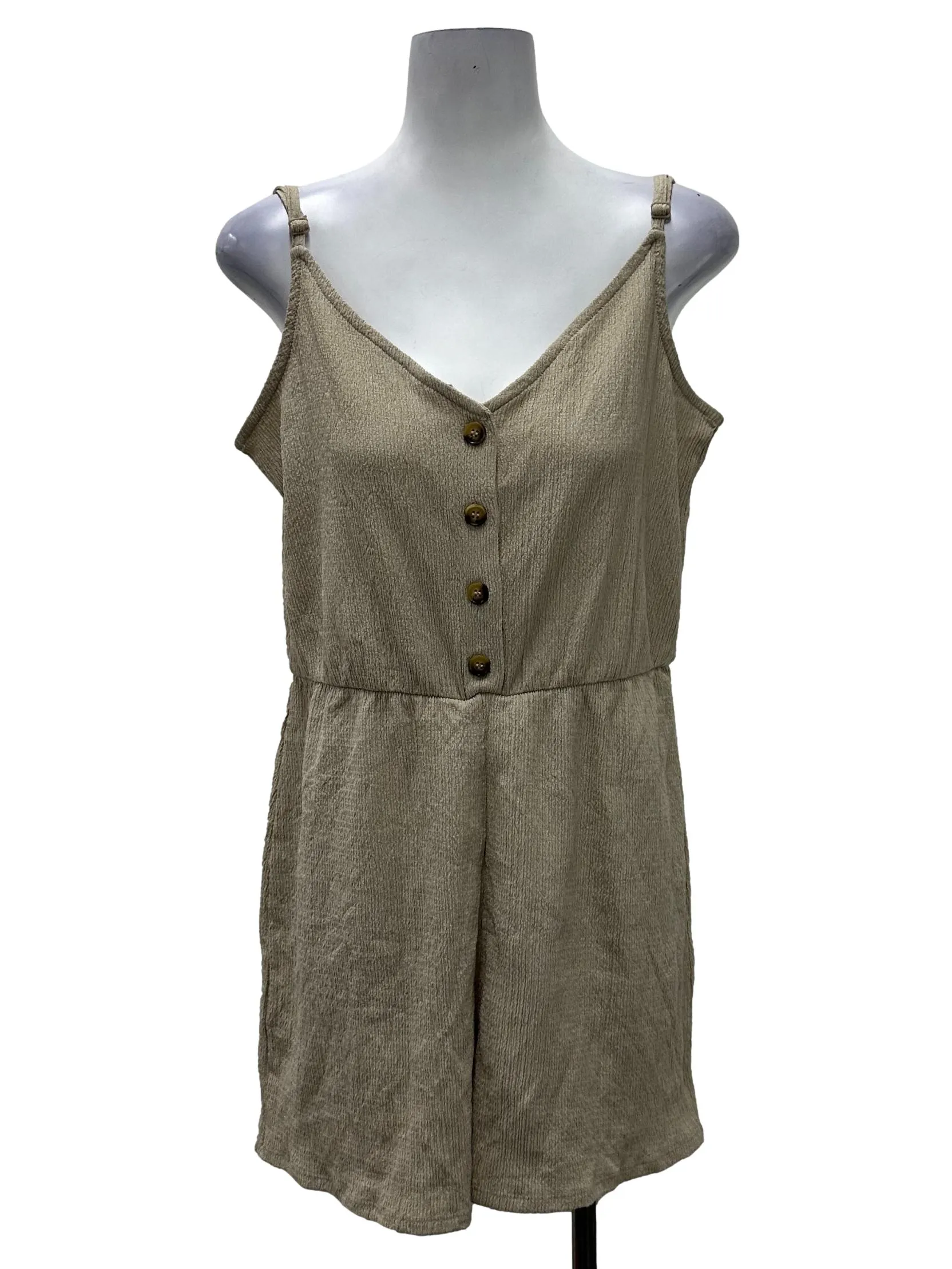 Beige Button Sleeveless Romper