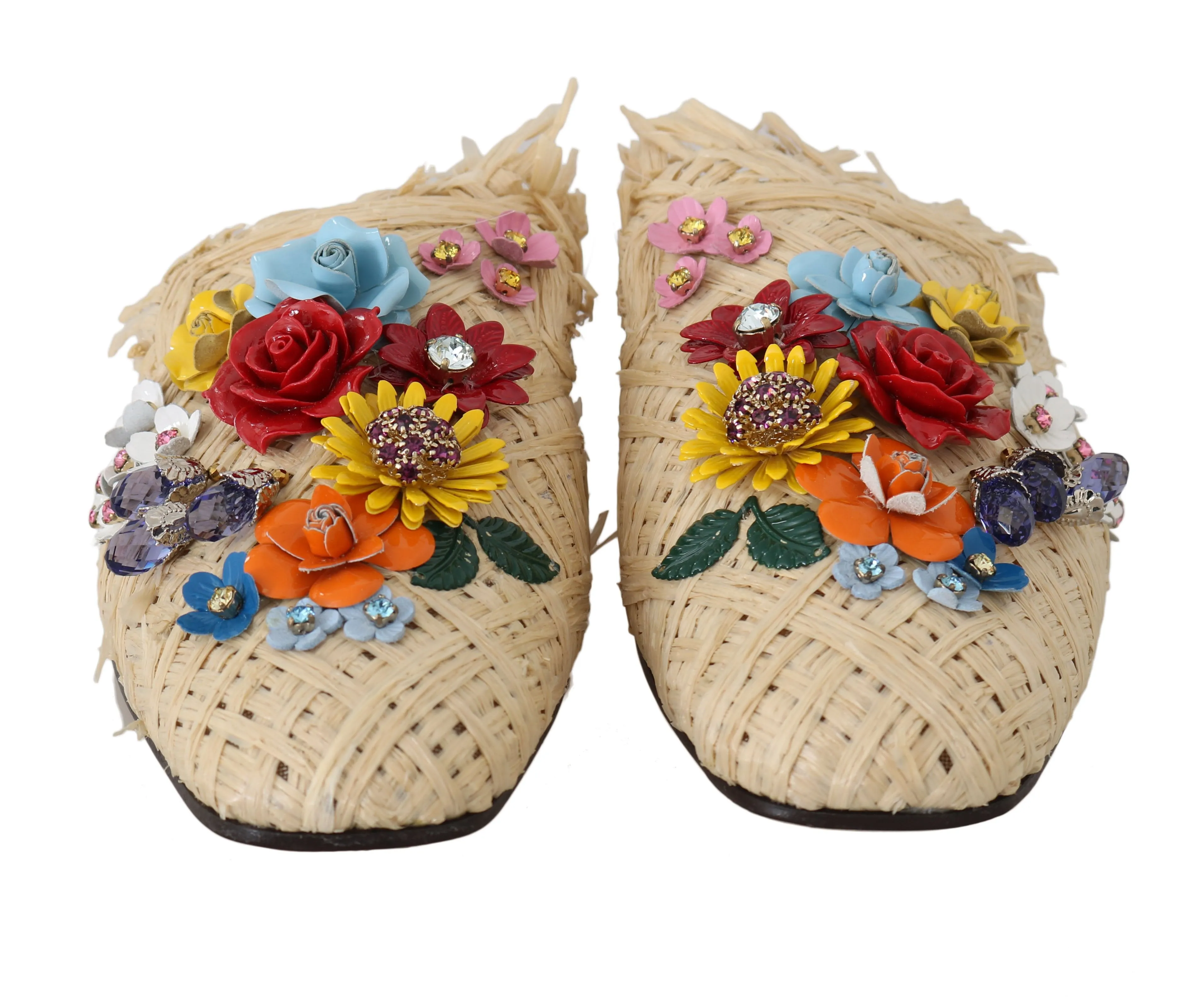 Beige Raffia Crystal Floral Mules