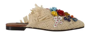 Beige Raffia Crystal Floral Mules