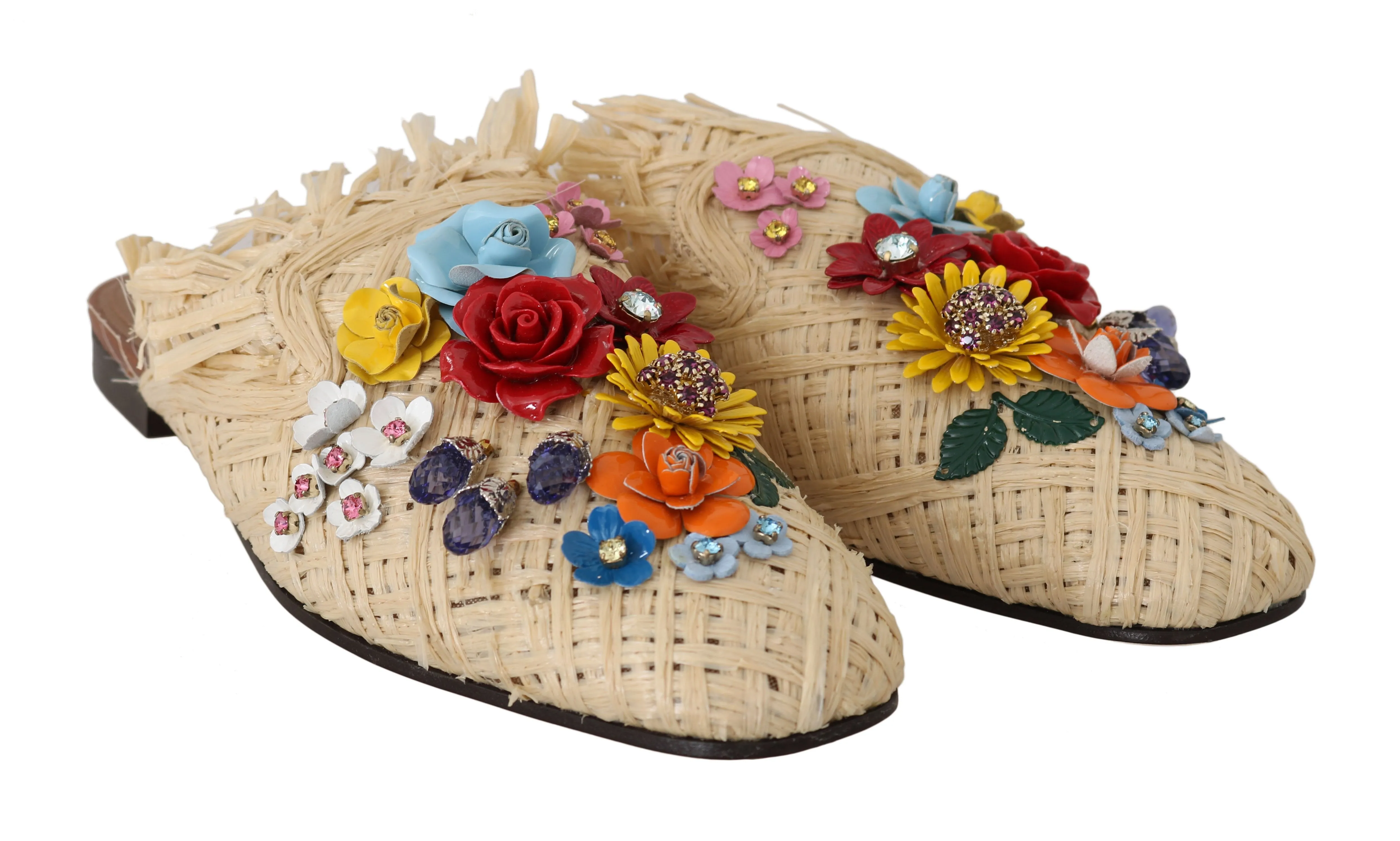 Beige Raffia Crystal Floral Mules