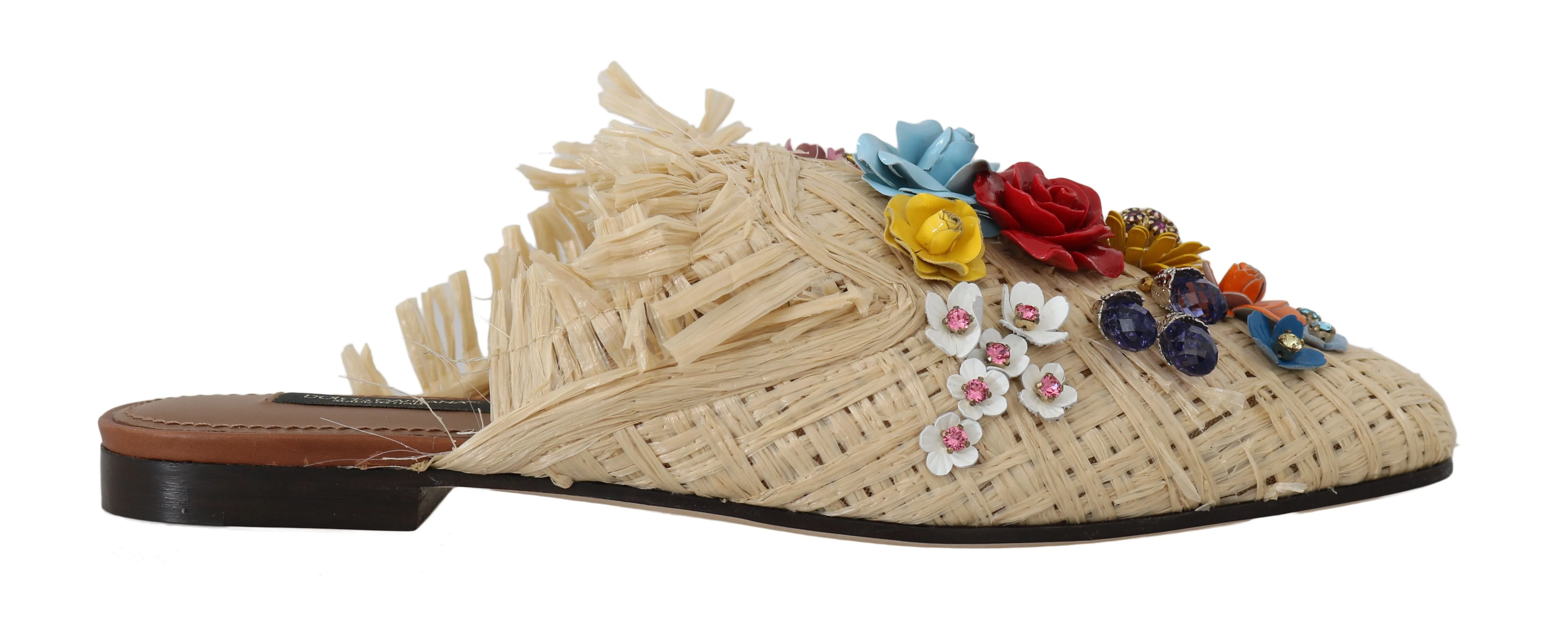 Beige Raffia Crystal Floral Mules