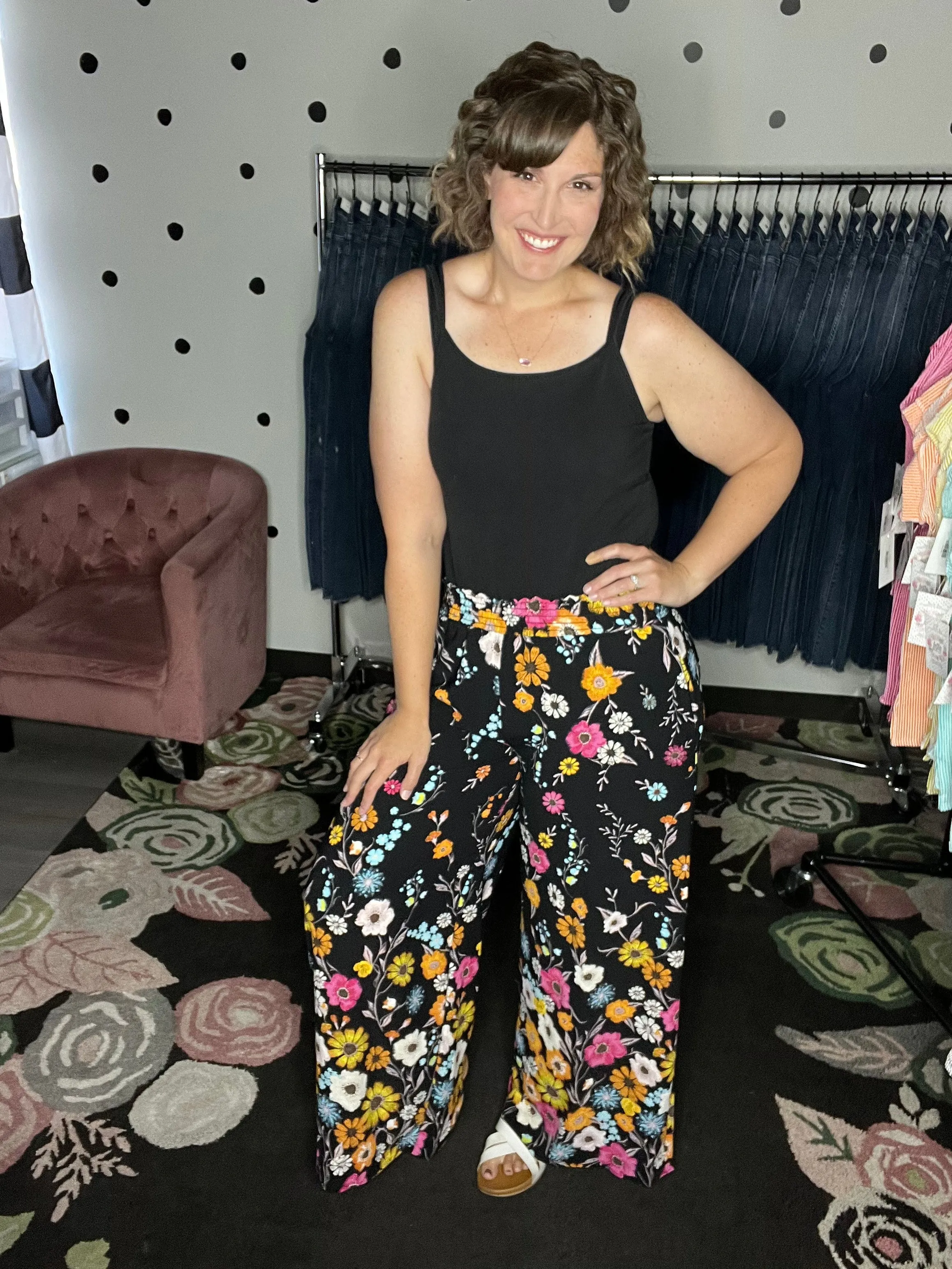 Black Floral Wide Leg Pants