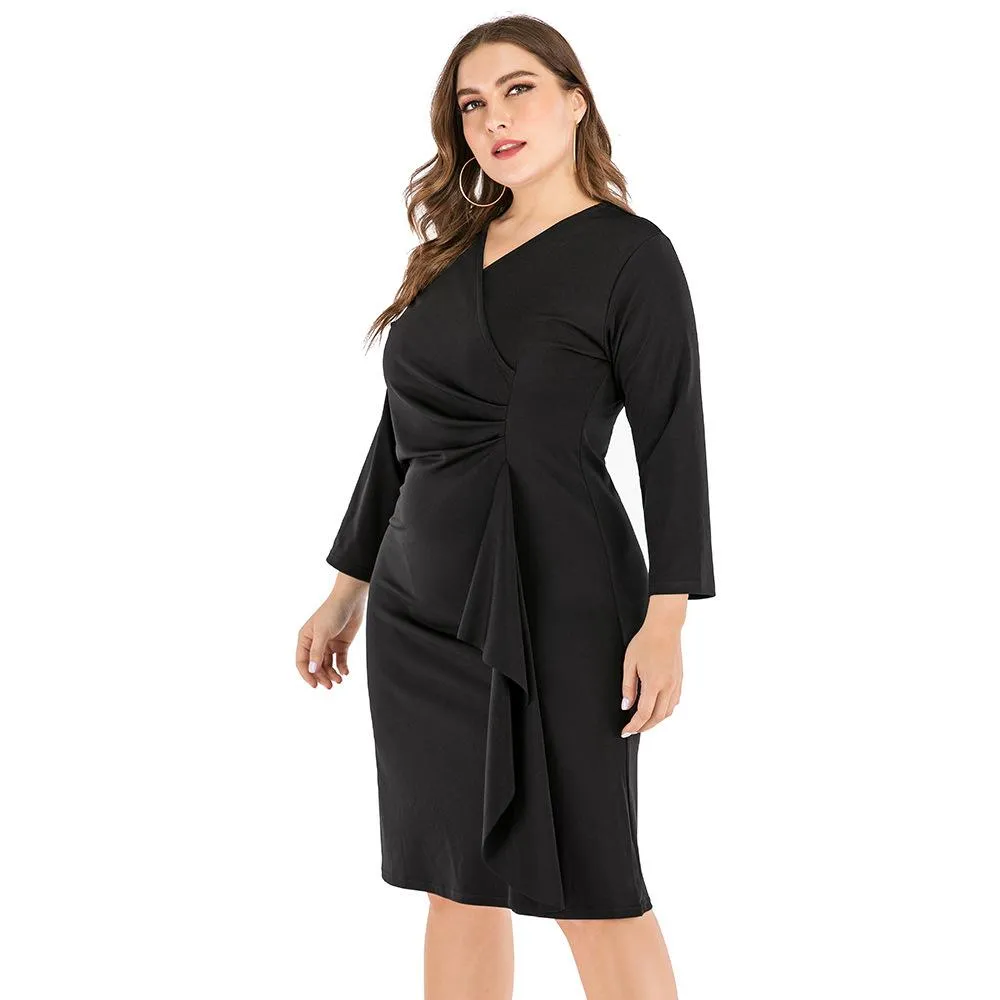 Black Long Sleeves V Neck Plus Sizes Fall Dresses