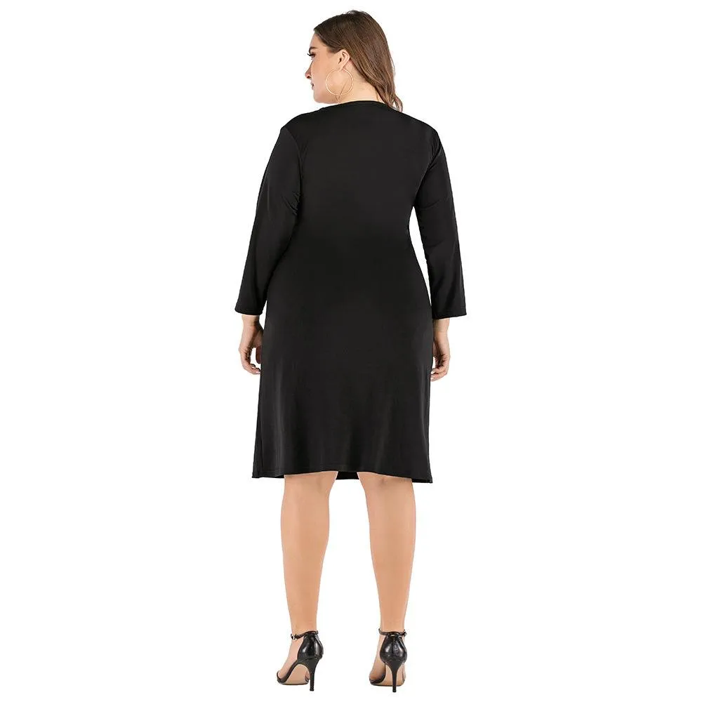 Black Long Sleeves V Neck Plus Sizes Fall Dresses