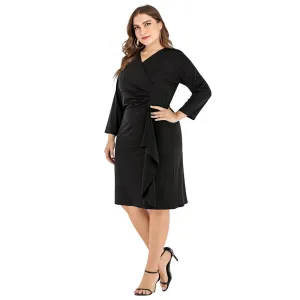 Black Long Sleeves V Neck Plus Sizes Fall Dresses
