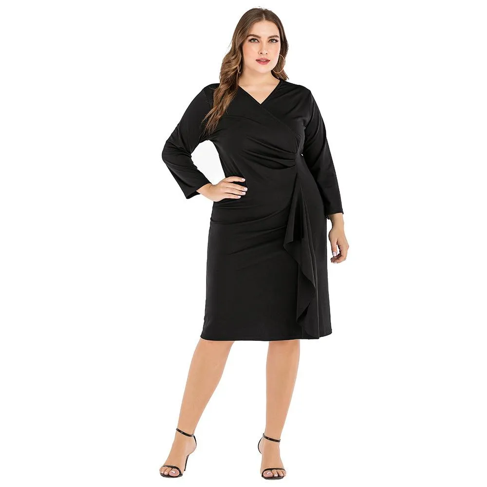 Black Long Sleeves V Neck Plus Sizes Fall Dresses