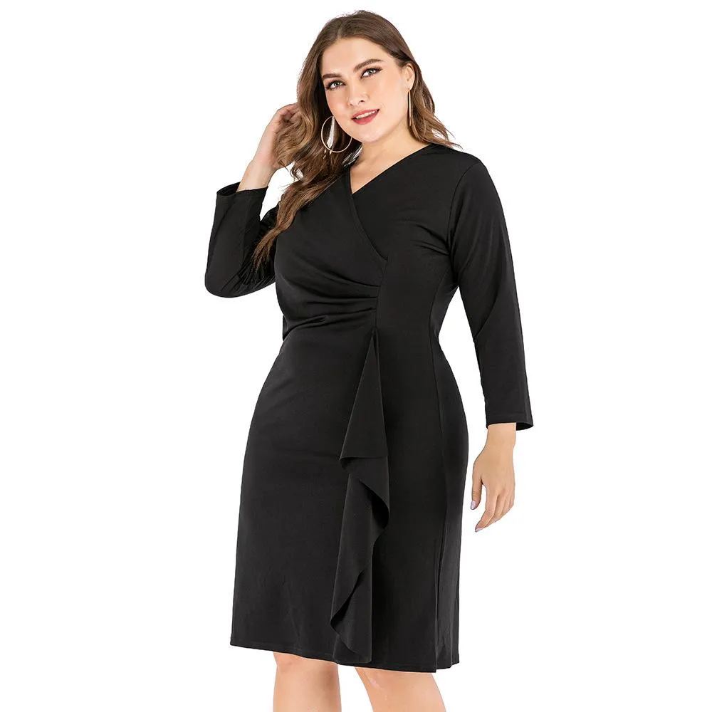 Black Long Sleeves V Neck Plus Sizes Fall Dresses