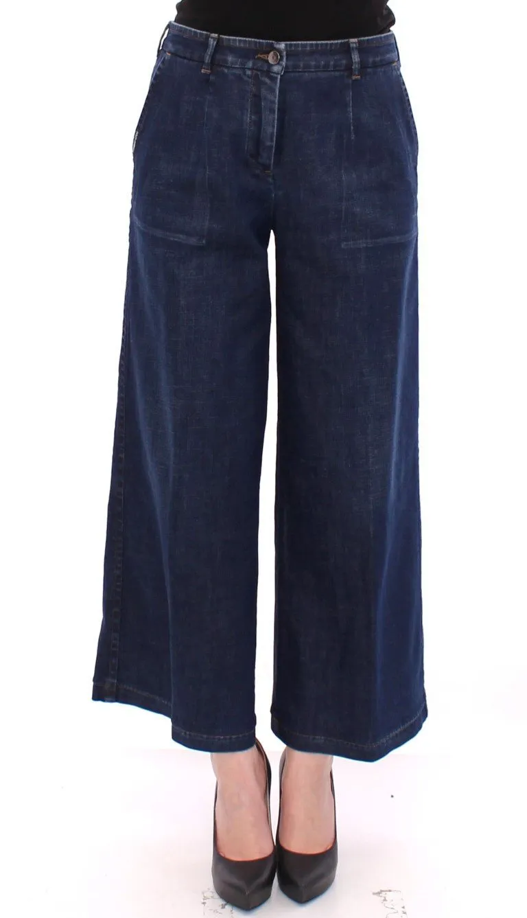 Blue Cotton Solid Pattern Logo Jeans Pants
