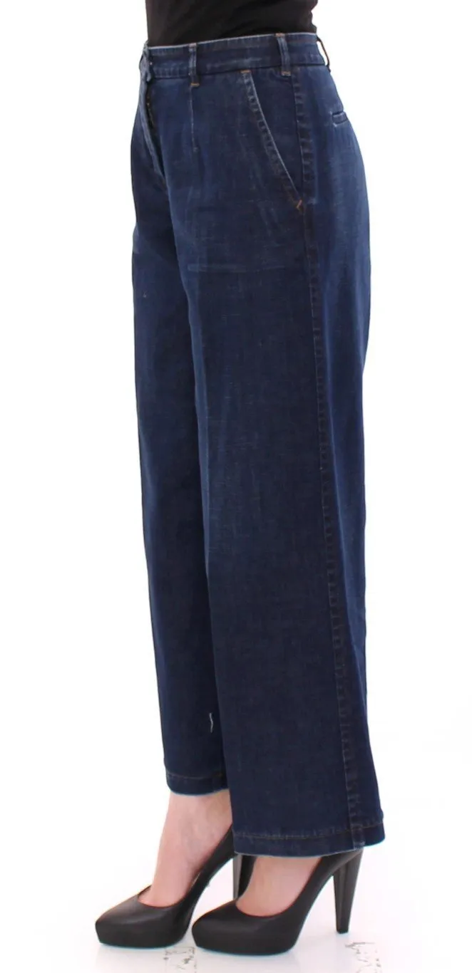 Blue Cotton Solid Pattern Logo Jeans Pants