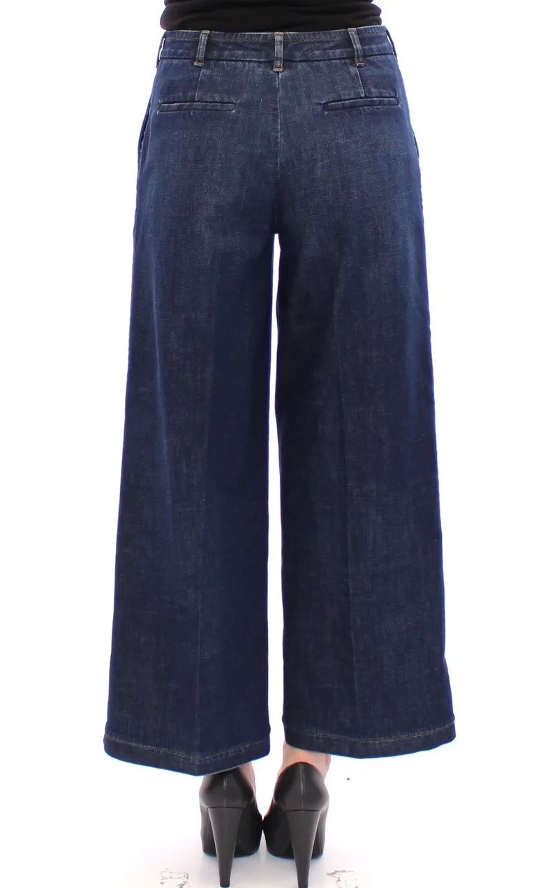 Blue Cotton Solid Pattern Logo Jeans Pants