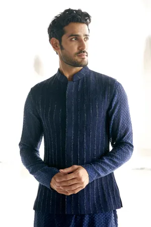 Blue Cutdana Nehru Paired With Blue Swarovski Kurta