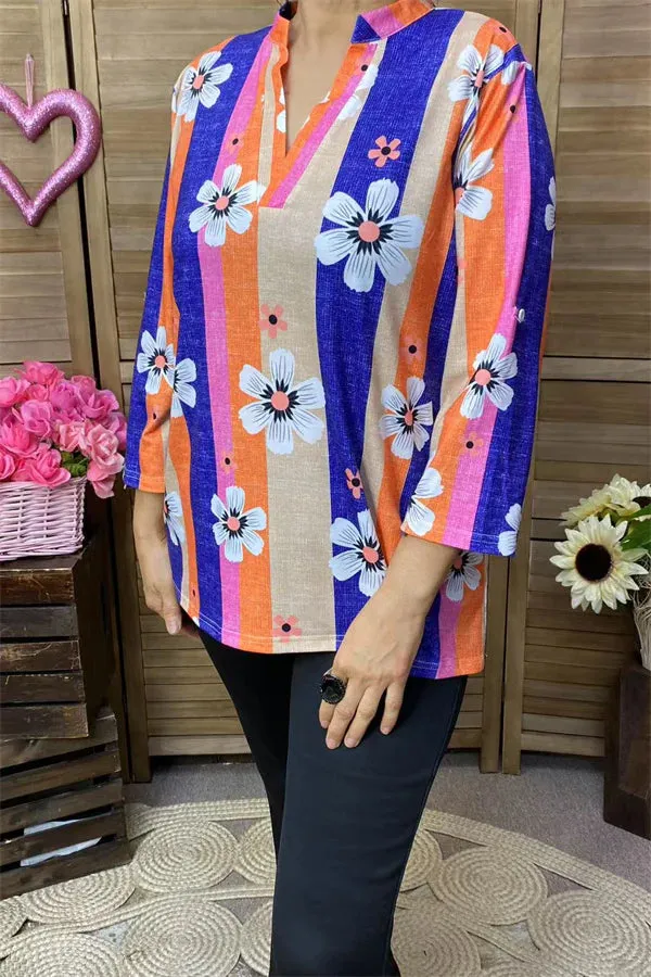 Blue Orange Pink stripe floral top