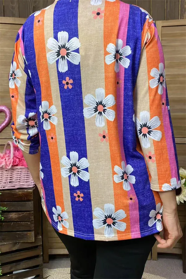 Blue Orange Pink stripe floral top
