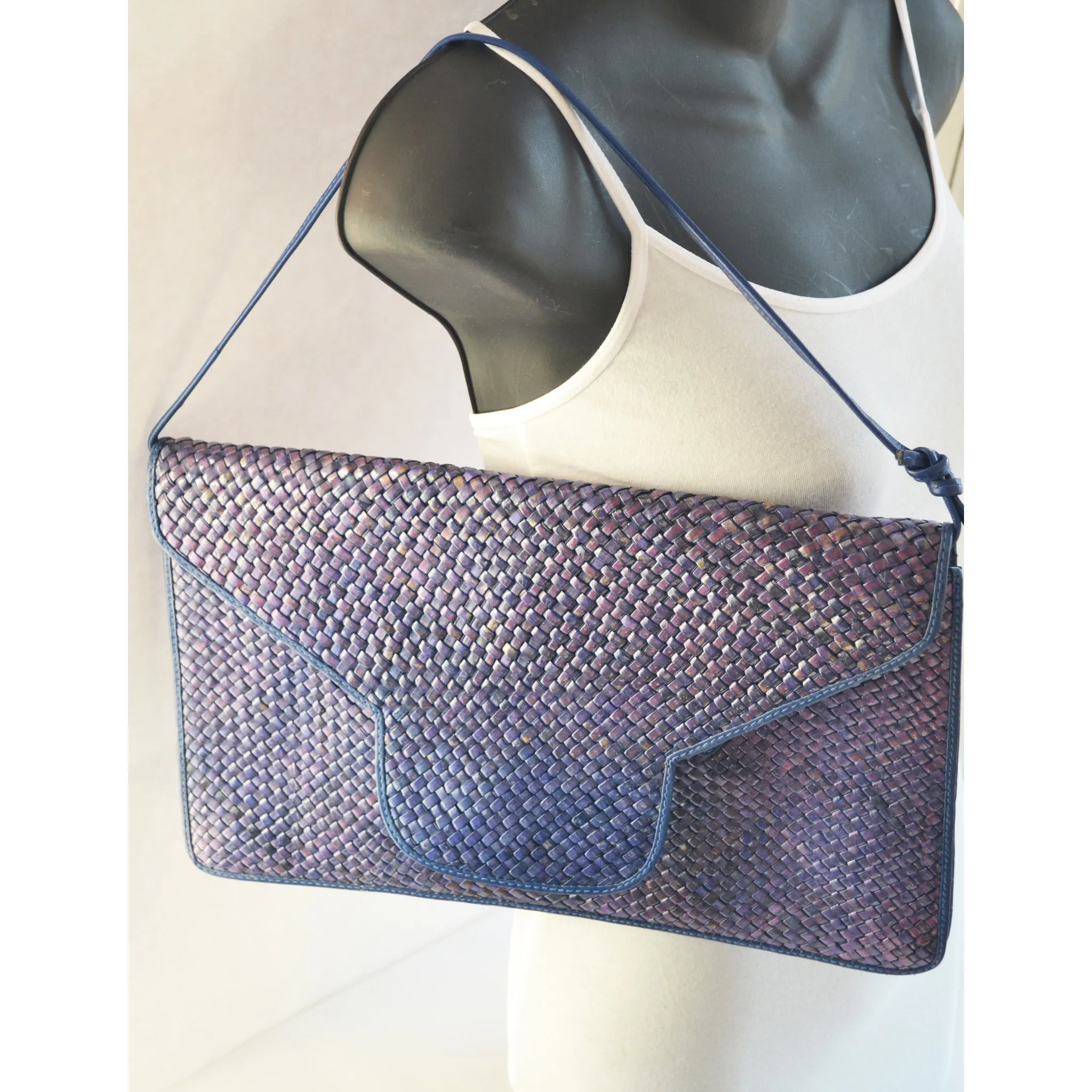 Blue Wicker & Leather Purse By Susan Gail