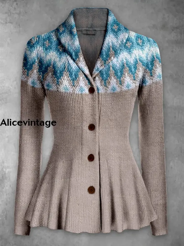 Boho Art Print Vintage Elegant Lapel V-Neck Button Up Long Sleeve Top