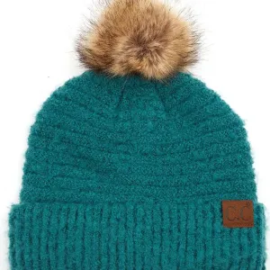 Boucle Yarn Beanie w/Pom Pom - Green