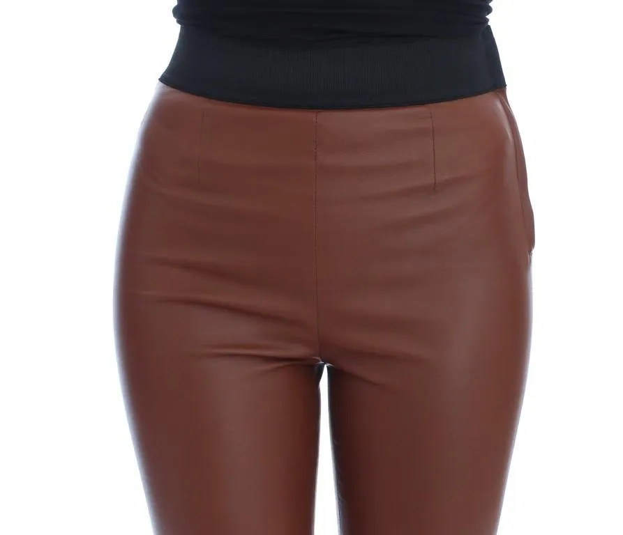 Brown Leather Stretch Slim Fit Pants