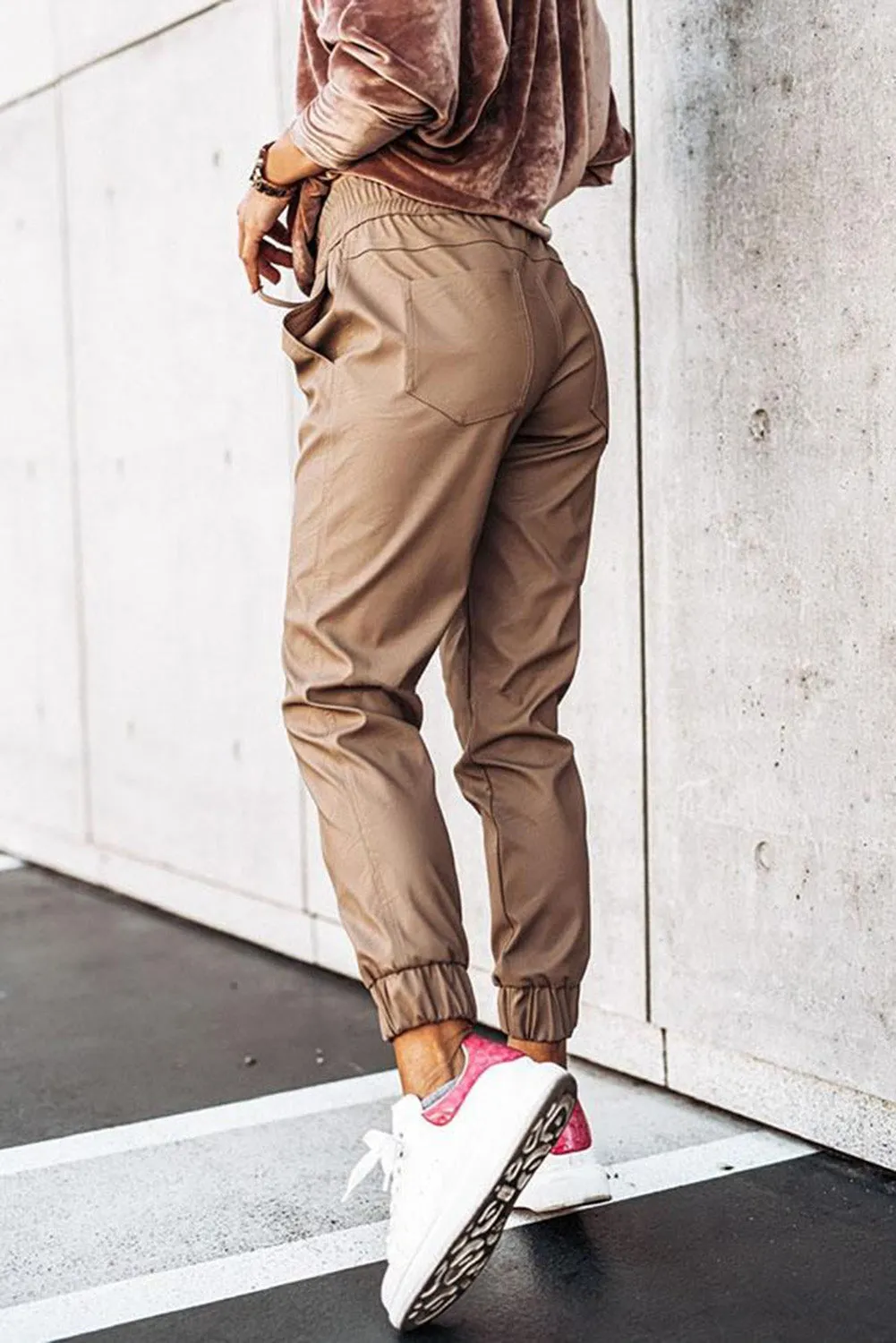 Brown Leather Tie Waist Jogger Pants