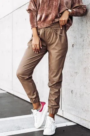 Brown Leather Tie Waist Jogger Pants