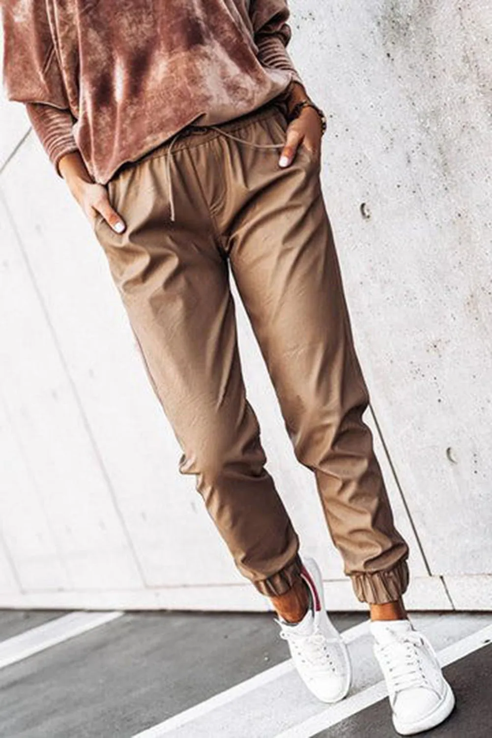 Brown Leather Tie Waist Jogger Pants